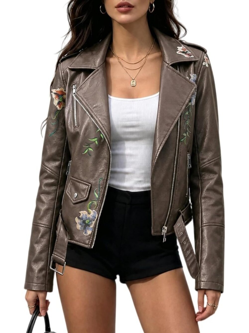 Women's Brown Slim Spring Faux Leather Jacket Fall Pockets Floral Moto Coat